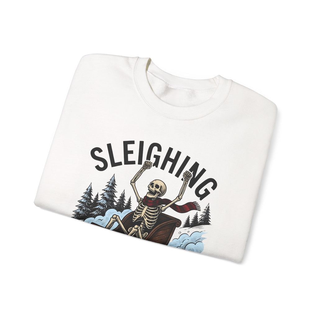 Bone Sleigh Sweatshirt Christmas Comedy Gift Women Shabby Chic Sweatshirt Sleigh Bell Sweatshirt Xmas Fan Distressed Sweatshirt Humor Graphic Doodle Fir Trees