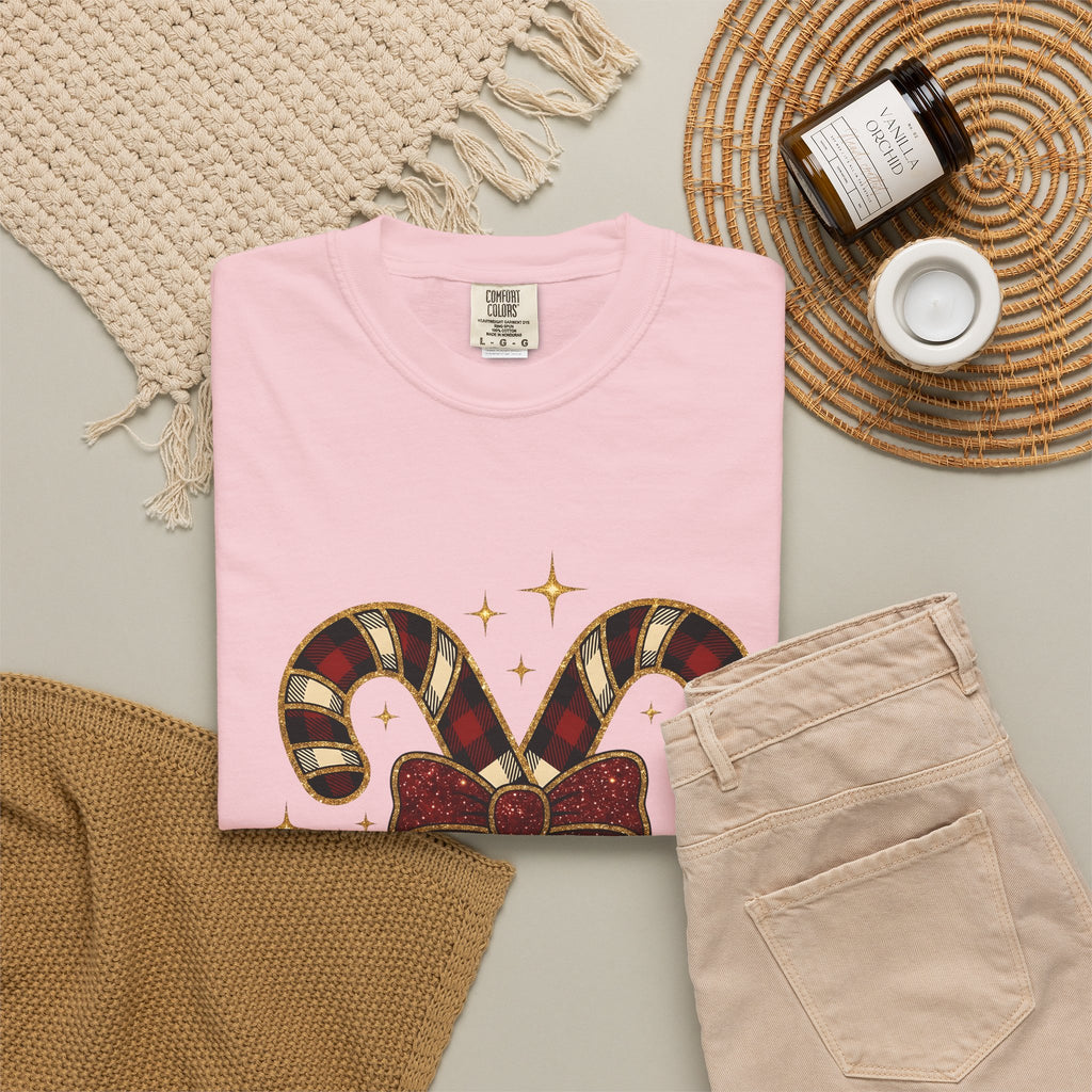 Striped Candy Bow T-Shirt Christmas Event Gift Women Glimmer T-Shirt Candy Bow T-Shirt Christmas Fan Sparkle T-Shirt Party Graphic Gingham Star