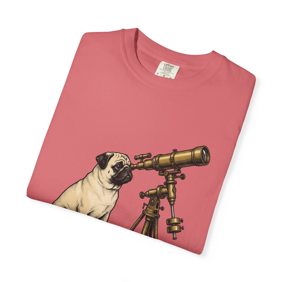 Pug Puppy T-Shirt Dog Space Gift Women Retro T-Shirt Puppy T-Shirt Dog Fan Canine T-Shirt Vintage Graphic Astronomy Illustration Sketch Binoculars
