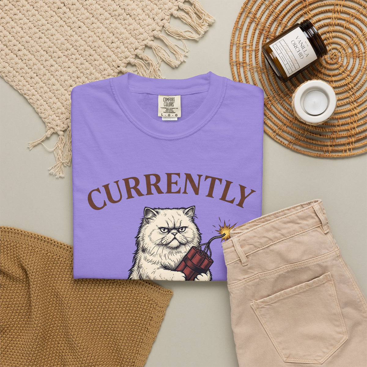 Upset Cat T-Shirt Funny Wildlife Gift Women Old School T-Shirt Angry Cat T-Shirt Humor Fan Vintage T-Shirt Animal Graphic Doodle Explosion T-Shirt
