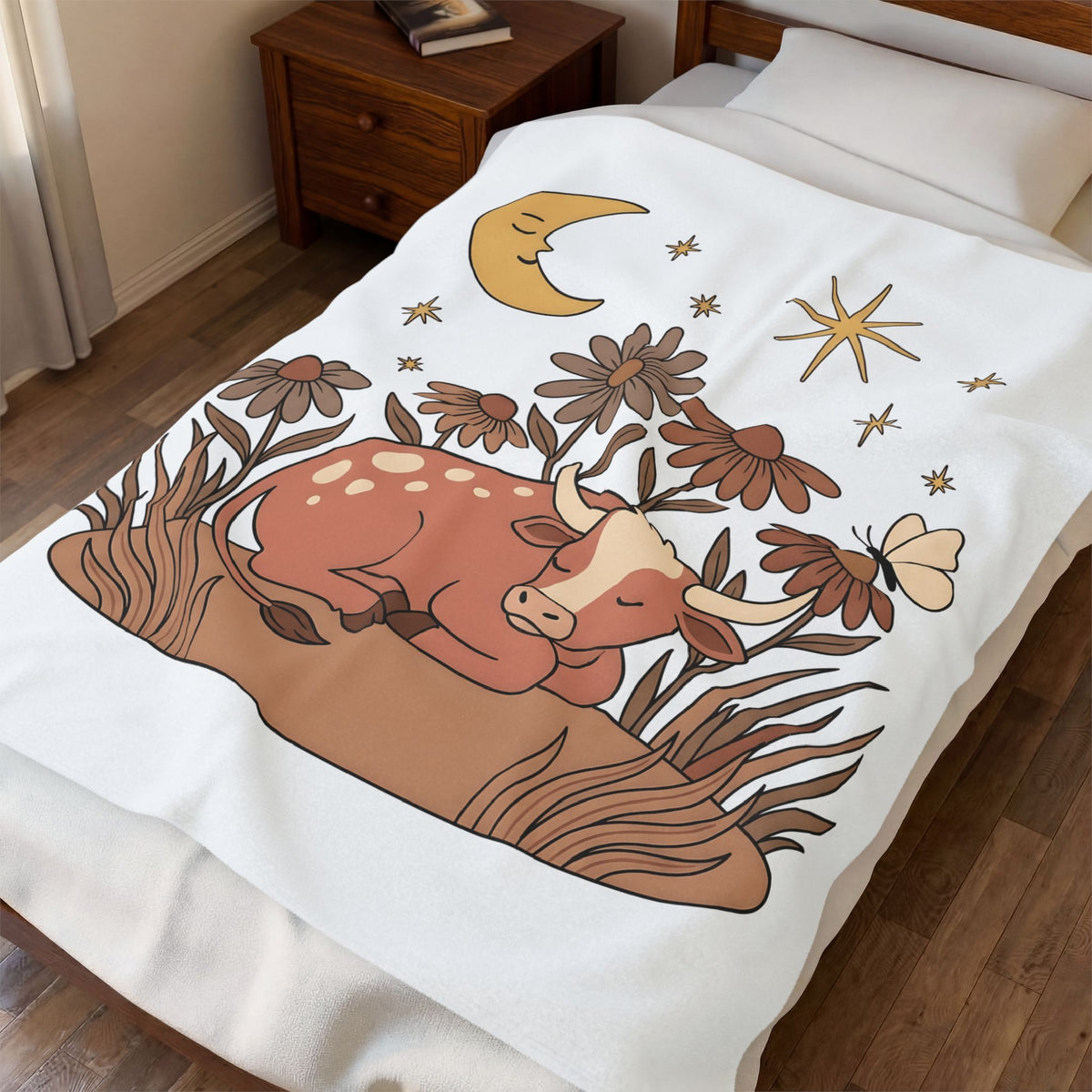 Sleeping Cow Blanket Cowgirl Western Gift Women Boho Blanket Cow Blanket Rancher Fan Hippie Blanket Rodeo Graphic Vintage Wildflowers Blanket
