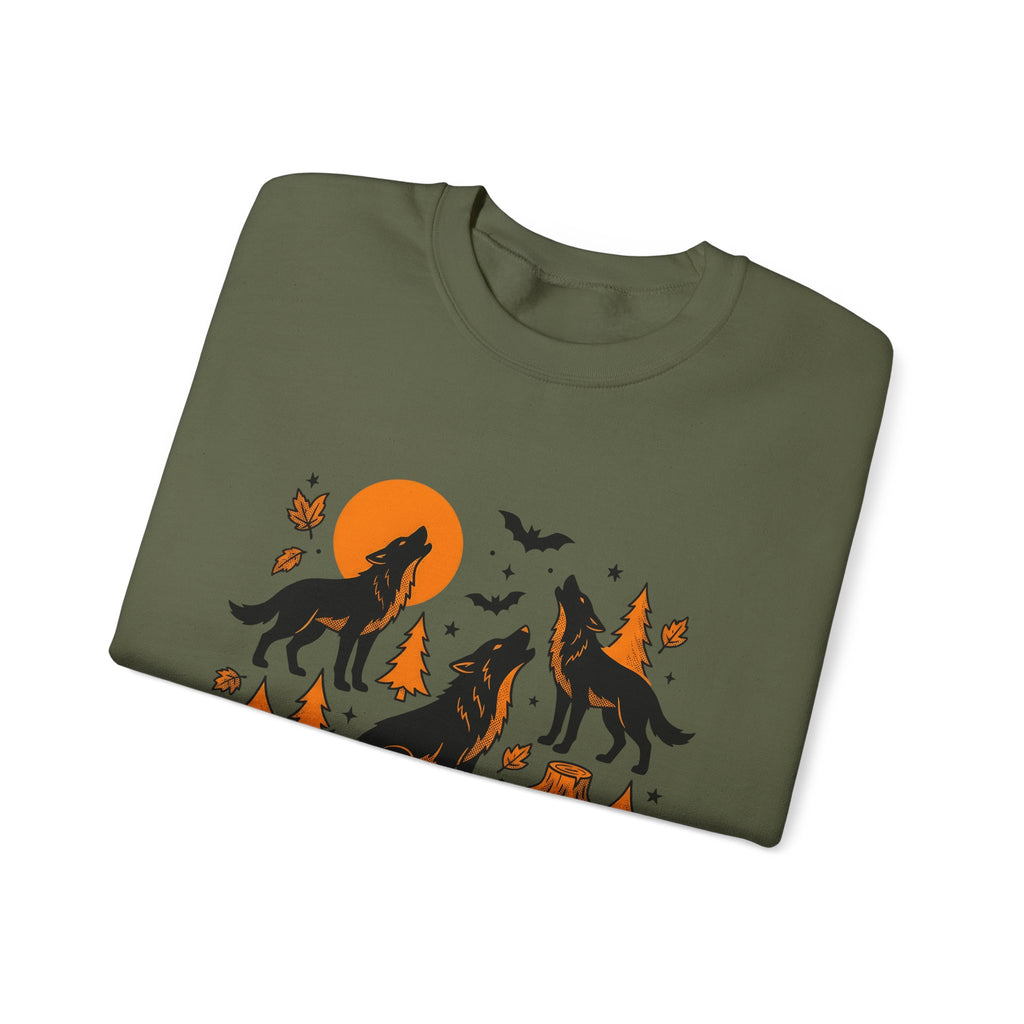 Wolf Crew Sweatshirt Halloween Fauna Gift Women Minimalist Sweatshirt Wolf Pack Sweatshirt Horror Fan Werewolf Sweatshirt Wildlife Graphic Sketch Bats Flying