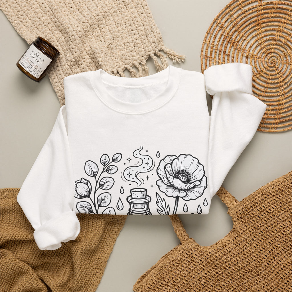 Magic Bottle Sweatshirt Halloween Spells Gift Women Sketch Sweatshirt Genie Bottle Sweatshirt Horror Fan Mystic Drawing Graphic Retro Flower Sweatshirt