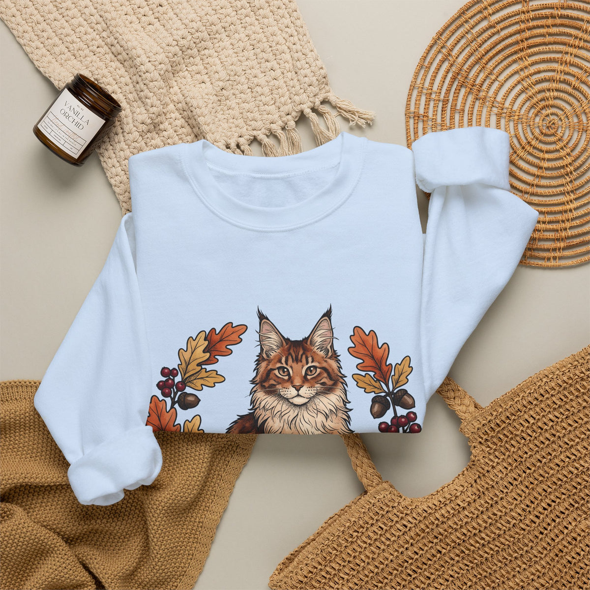 Maine Coon Pet Sweatshirt Cat Pumpkin Gift Women Greenery Sweatshirt Cat Sweatshirt Cat Fan Foliage Sweatshirt Gourd Graphic Old-Fashioned Orange Leaves Sweatshirt
