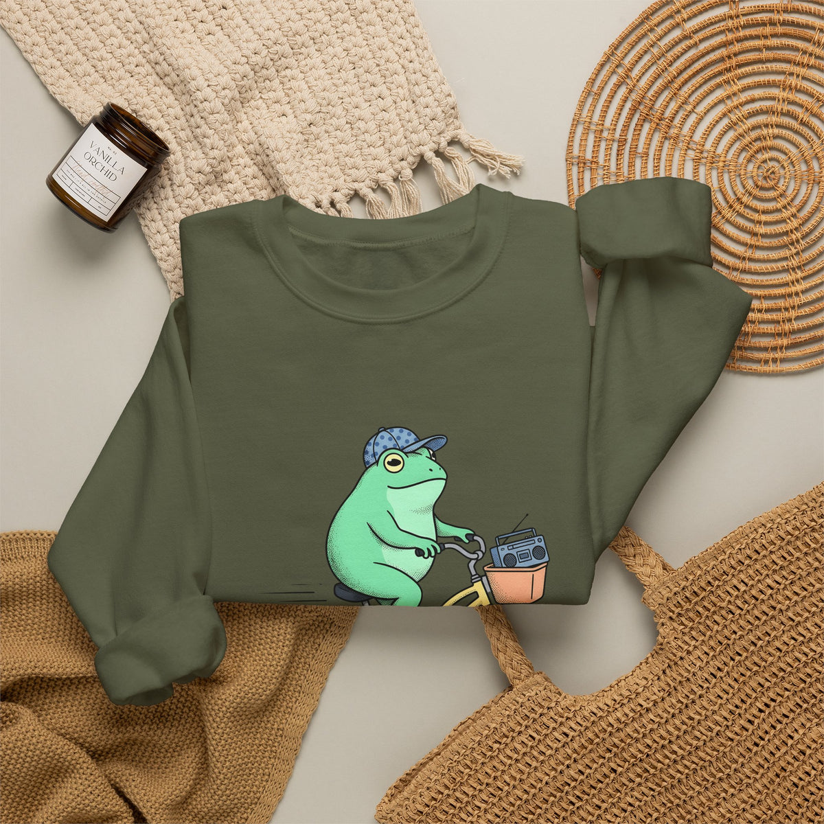 Frog Cycle Sweatshirt Funny Critters Gift Women Graphic Sweatshirt Toad Sweatshirt Humor Fan Cartoon Sweatshirt Creature Graphic Old School Music Player Sweatshirt