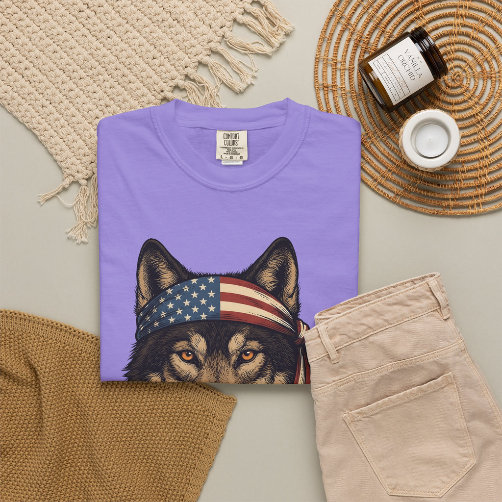 Wolf Face T-Shirt 4th Of July Wildlife Gift Women Retro T-Shirt Lupine T-Shirt Independence Day Fan Vintage T-Shirt Animal Graphic Sketch Flag