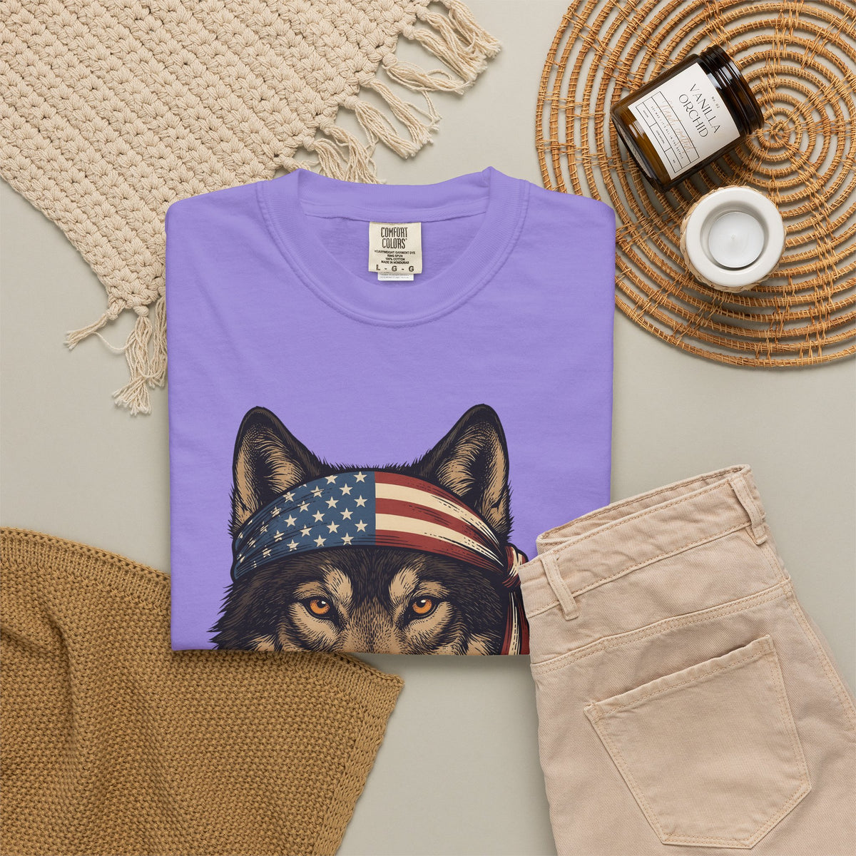 Wolf Face T-Shirt 4th Of July Wildlife Gift Women Retro T-Shirt Lupine T-Shirt Independence Day Fan Vintage T-Shirt Animal Graphic Sketch Flag