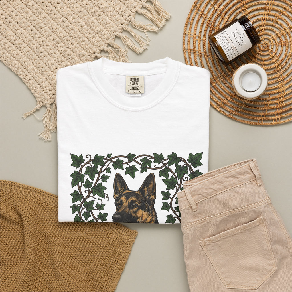 German Shepherd Dog T-Shirt Dog Outdoors Gift Women Realistic T-Shirt Alsatian T-Shirt Dog Fan Shepherd Graphic T-Shirt Retro Vine T-Shirt