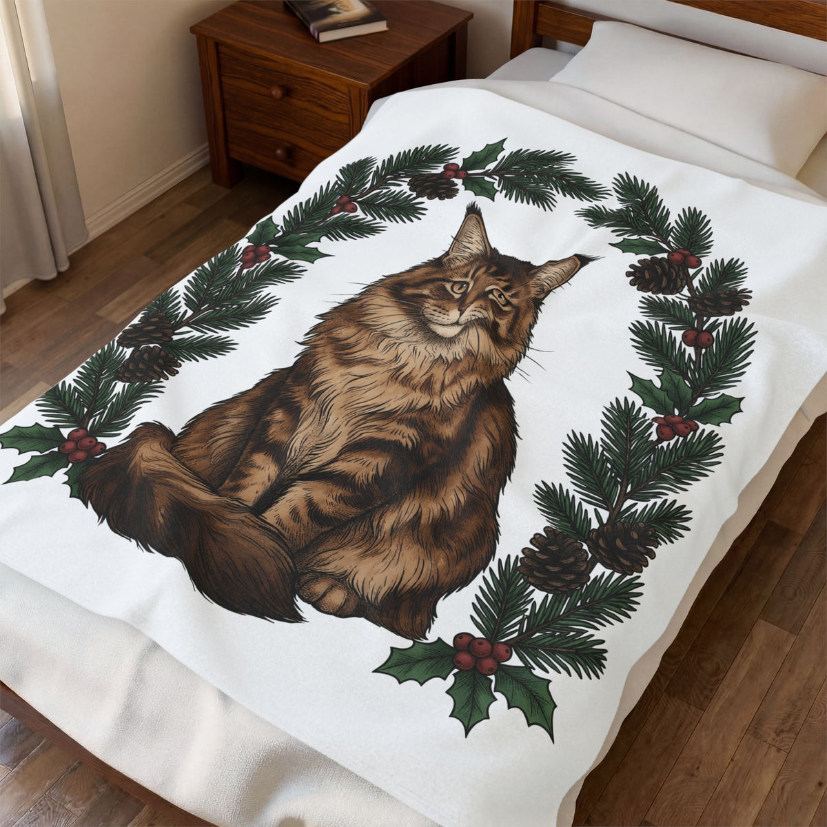 Maine Coon Kitten Blanket Cat Holiday Gift Women Floral Blanket Kitten Blanket Cat Fan Fancy Blanket Christmas Graphic Retro Pine Twigs Blanket