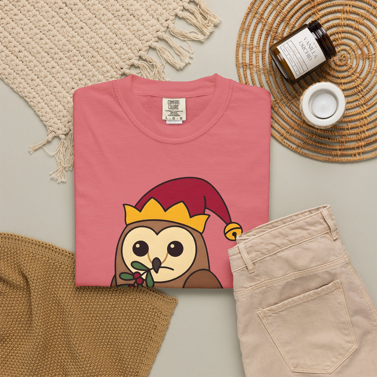 Owl Print T-Shirt Christmas Fauna Gift Women Playful T-Shirt Owl T-Shirt Christmas Fan Hoot Graphic Wildlife Illustration Fun Pine T-Shirt