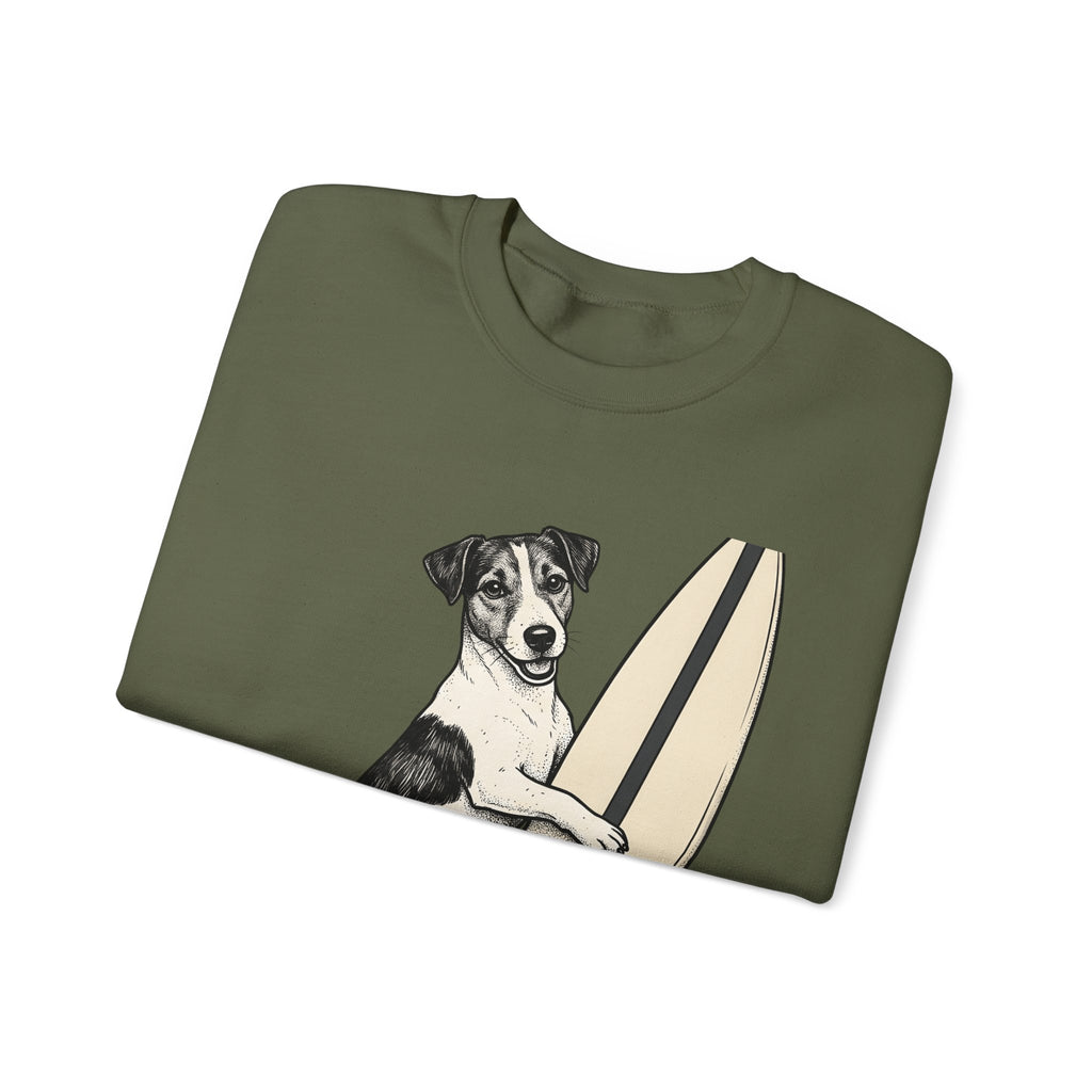 Dog On Surfboard Sweatshirt Dog Water Sports Gift Women Illustration Sweatshirt Puppy Sweatshirt Dog Fan Cartoon Sweatshirt Surfing Graphic Drawing Seaside