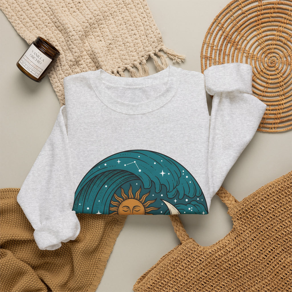Sun Moon Sea Celestial Horoscope Gift Folk Ocean Astrology Enthusiast Bohemian Zodiac Rustic Star Sweatshirt