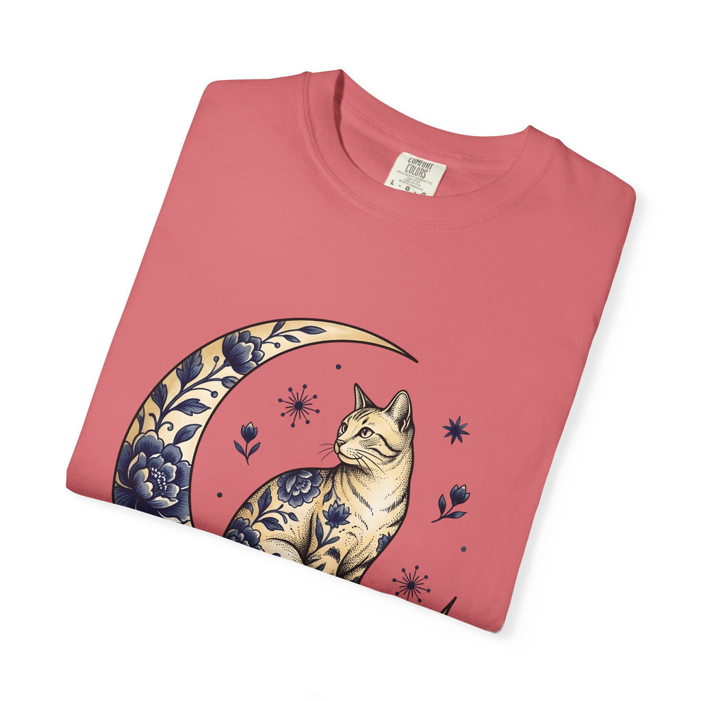 Flower Kitty T-Shirt Cat Astrology Gift Women Hippie T-Shirt Kitty Cat T-Shirt Cat Fan Zodiac Graphic T-Shirt Retro Half Moon T-Shirt