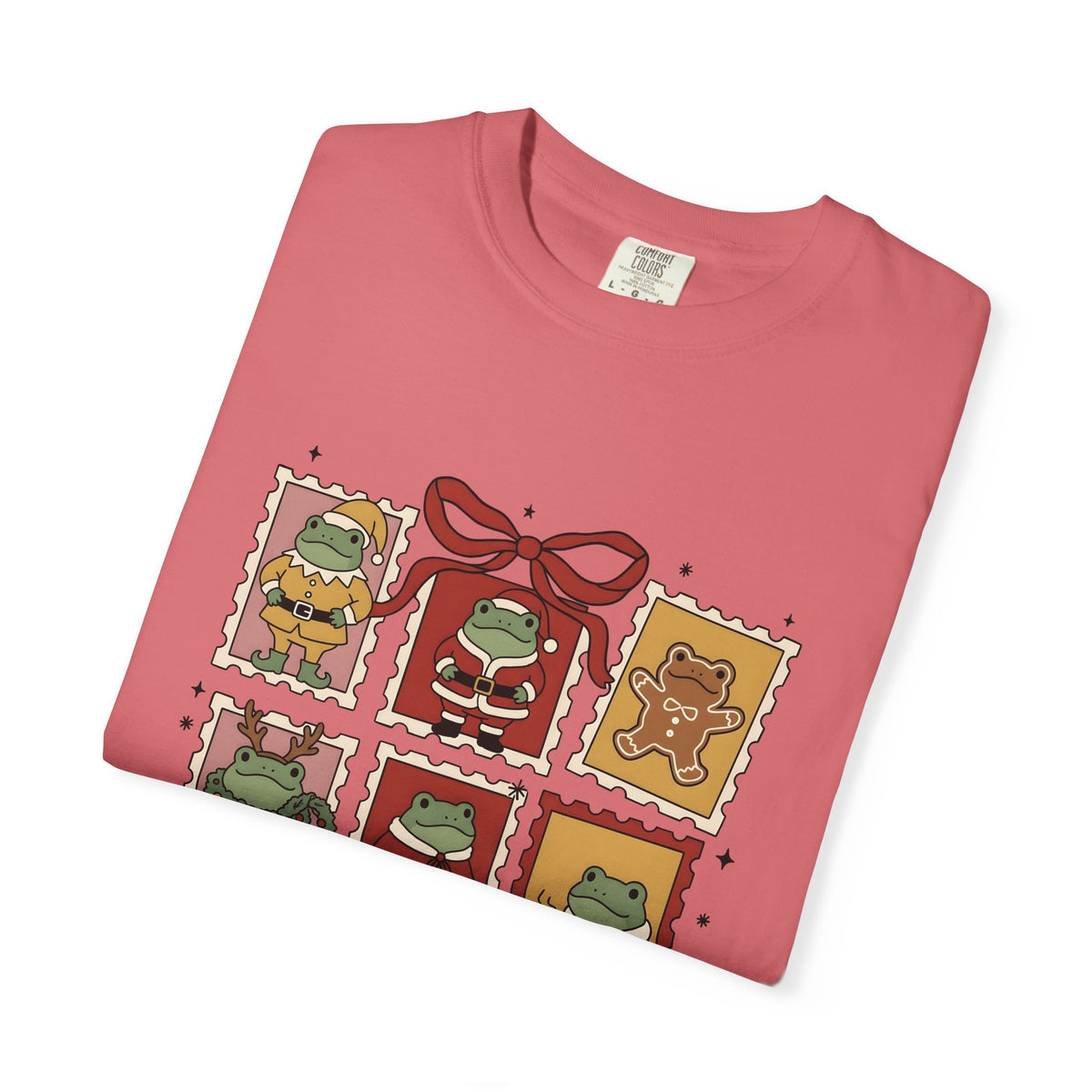 Frog Holiday Stamps T-Shirt Christmas Pets Gift Women Cute T-Shirt Toad T-Shirt Christmas Fan Kawaii T-Shirt Animal Graphic Vintage Festive Wreath