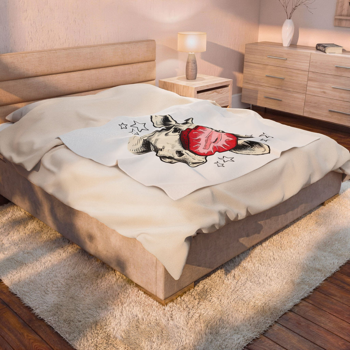 Cow Strawberry Blanket Cute Animal Gift Women Hand Drawn Blanket Cow Blanket Adorable Fan Illustrated Blanket Creature Graphic Whimsical Stars
