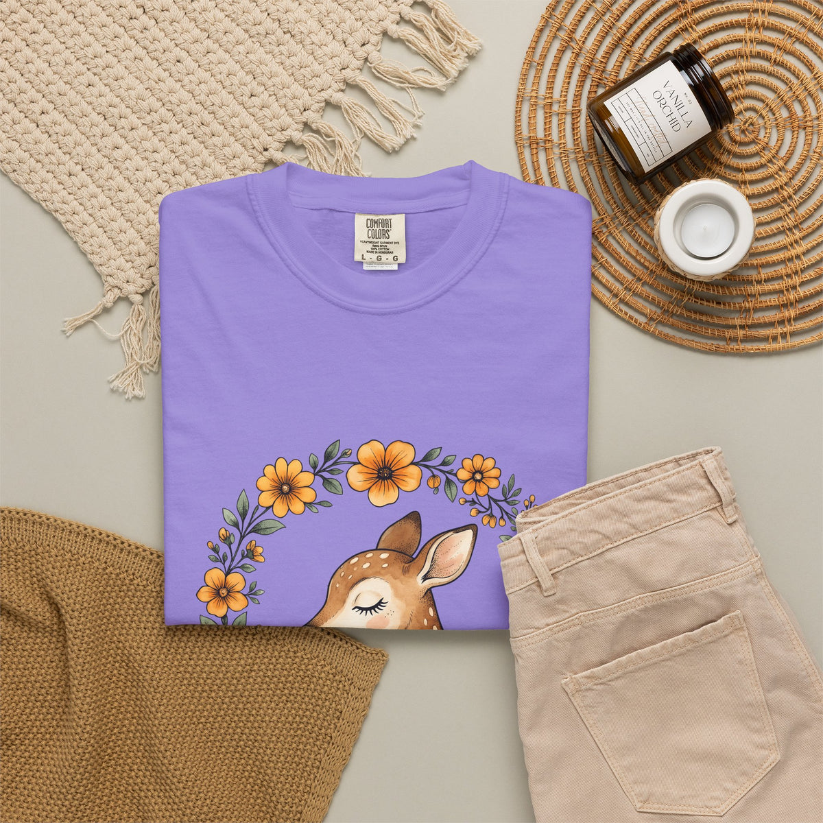 Fawn Boho Chic Forest Gift Sketch Deer Bohemian Fan Drawing Woods Pastel Flower Crown T-Shirt