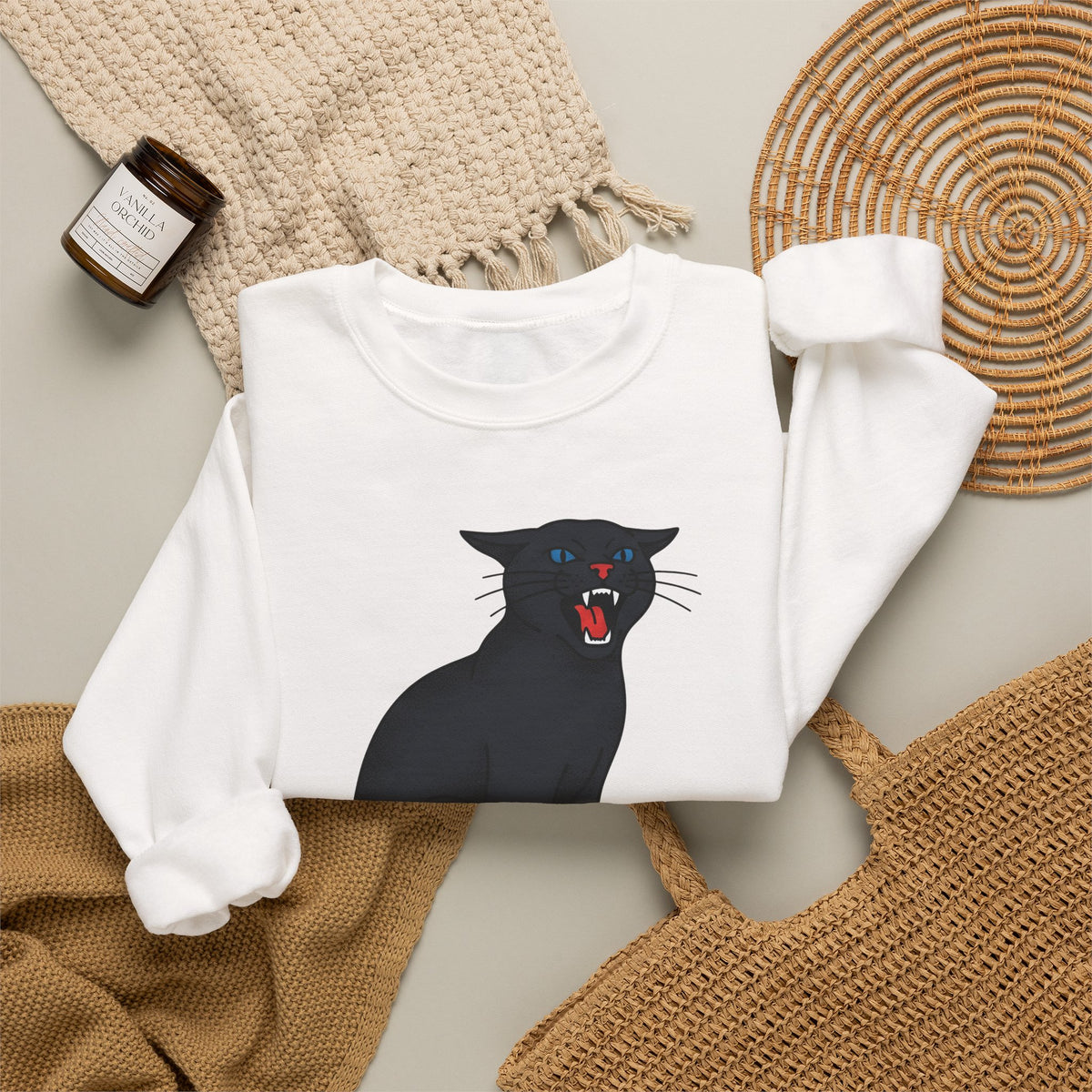 Black Cat Sweatshirt Cat Humor Gift Women Bold Graphic Sweatshirt Cat Sweatshirt Cat Fan Graphic Sweatshirt Funny Graphic Retro Fangs Sweatshirt