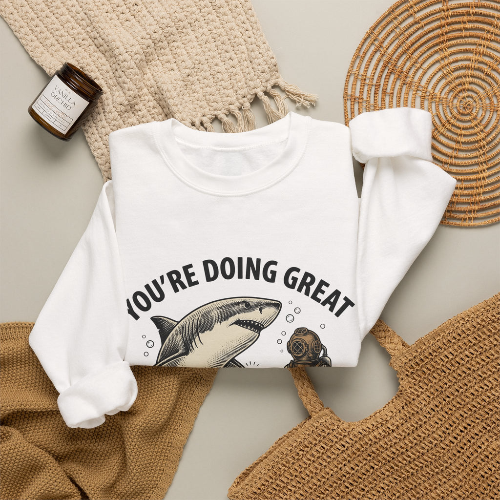 Shark Diver Sweatshirt Funny Water Gift Women Hand Drawn Sweatshirt Scuba Diver Sweatshirt Humor Fan Oceanic Graphic Sweatshirt Line Art Air Bubbles Sweatshirt