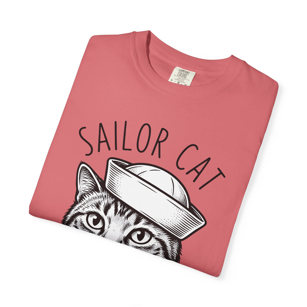 Cat Head T-Shirt Cat Sea Gift Women Sketch T-Shirt Kitten T-Shirt Cat Fan Feline T-Shirt Nautical Graphic Oceanic Design Line Art Captain Hat