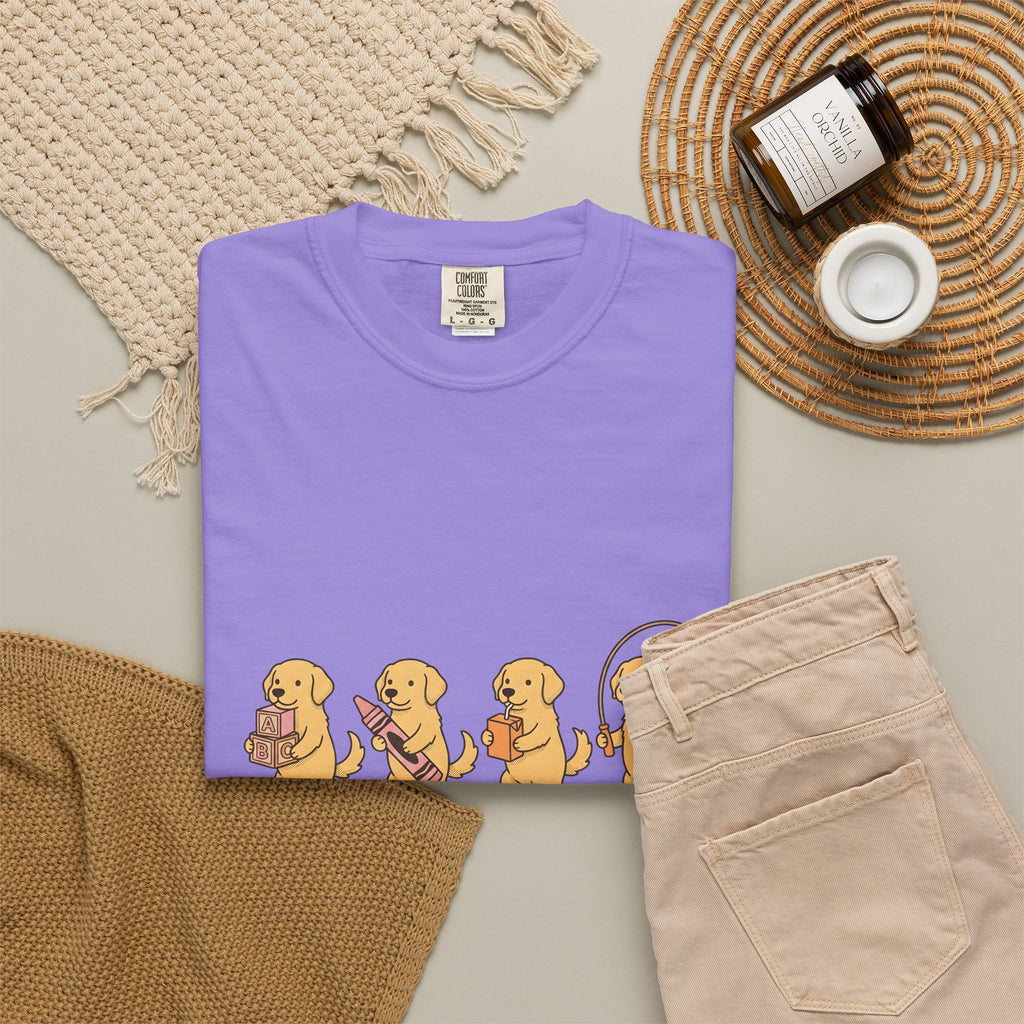 Golden Retriever Pups T-Shirt Teachers Companion Gift Women Caricature T-Shirt Puppy T-Shirt Educator Enthusiast Cartoon T-Shirt Buddy Graphic