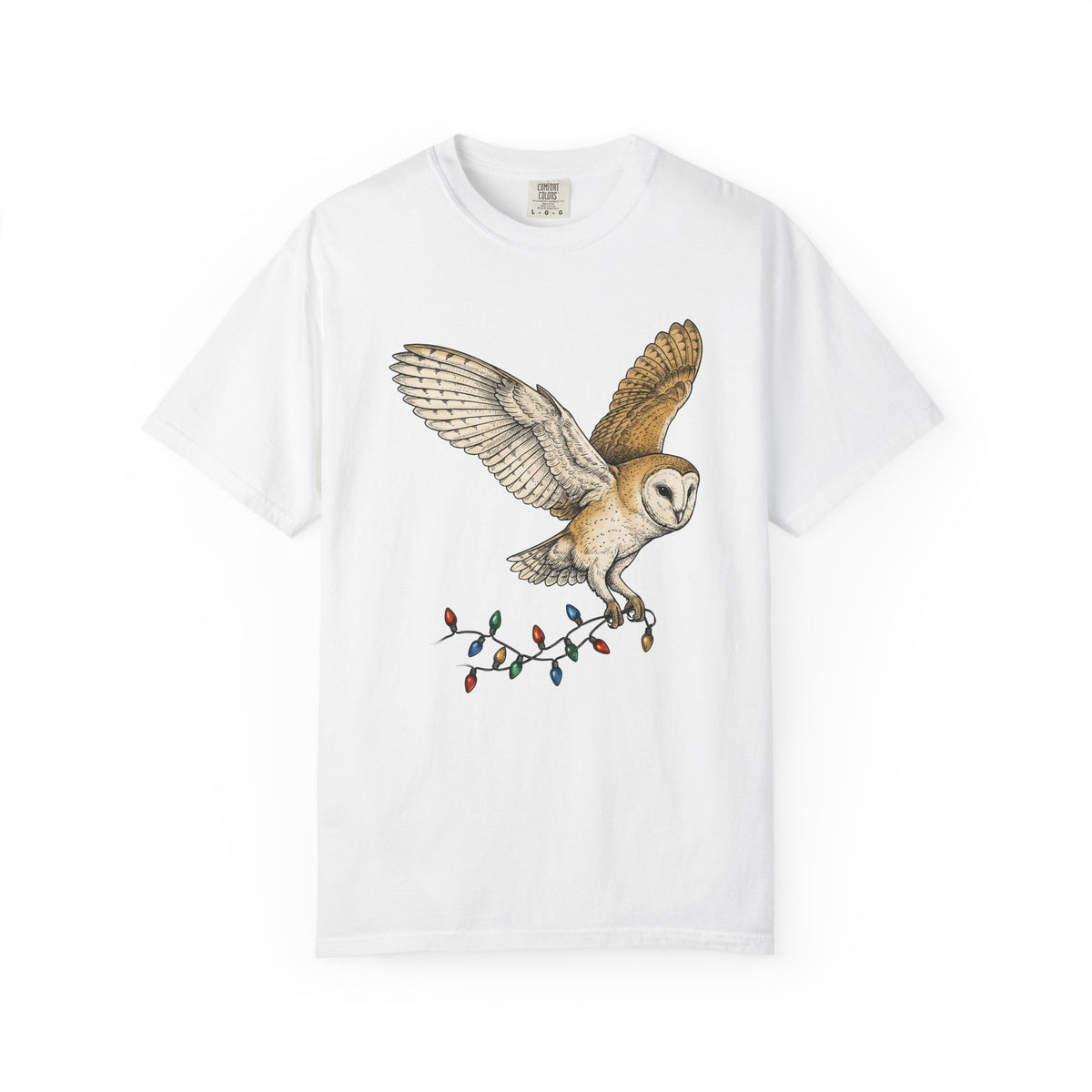 Barn Owl T-Shirt Christmas Pets Gift Women Cartoon T-Shirt Owl T-Shirt Xmas Fan Owl T-Shirt Animal Graphic Classic Globe Lights T-Shirt