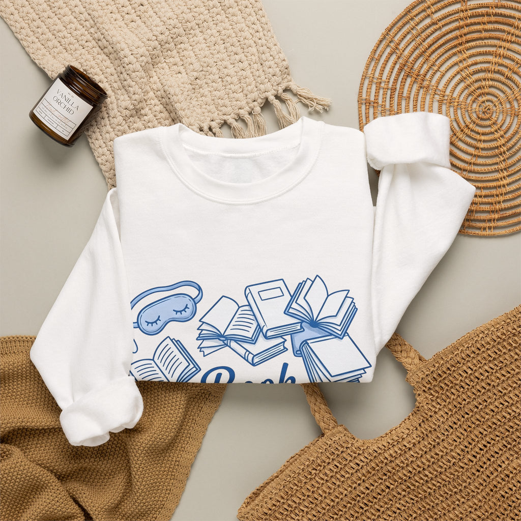 Book Stack Sweatshirt Book Reading Gift Women Doodle Sweatshirt Book Pile Sweatshirt Bibliophile Fan Illustrated Graphic Bookworm Design Whimsical Sleep
