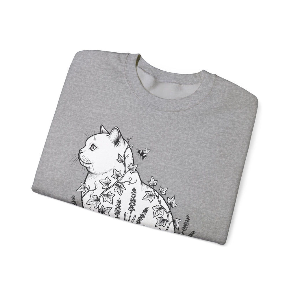 Feline Blossom Sweatshirt Cat Wildlife Gift Women Garden Sweatshirt Catflower Sweatshirt Cat Fan Animal Graphic Kitten Line Art Pollinator Sweatshirt
