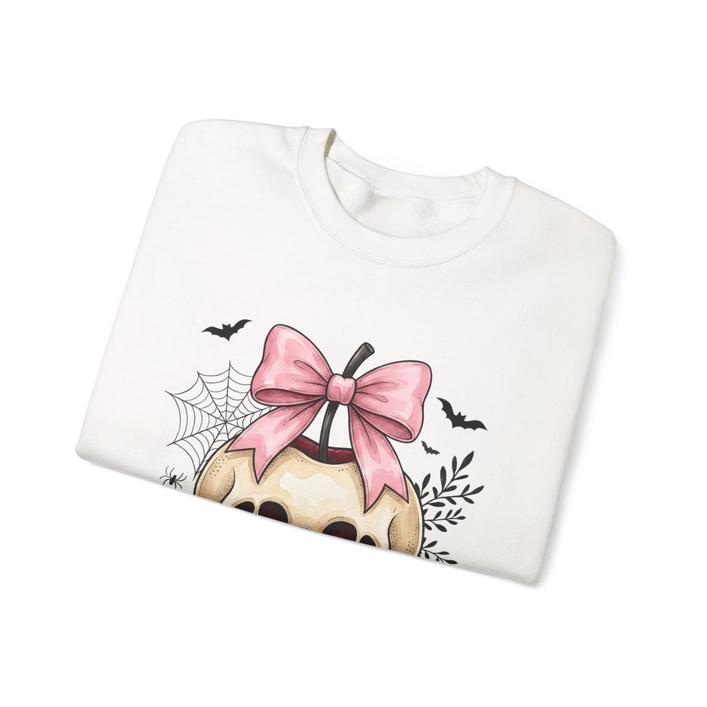 Skeleton Apple Sweatshirt Halloween Scary Gift Women Horror Sweatshirt Bone Sweatshirt Spooky Fan Macabre Sweatshirt Frightful Graphic Hand Drawn Pink Hair Bow