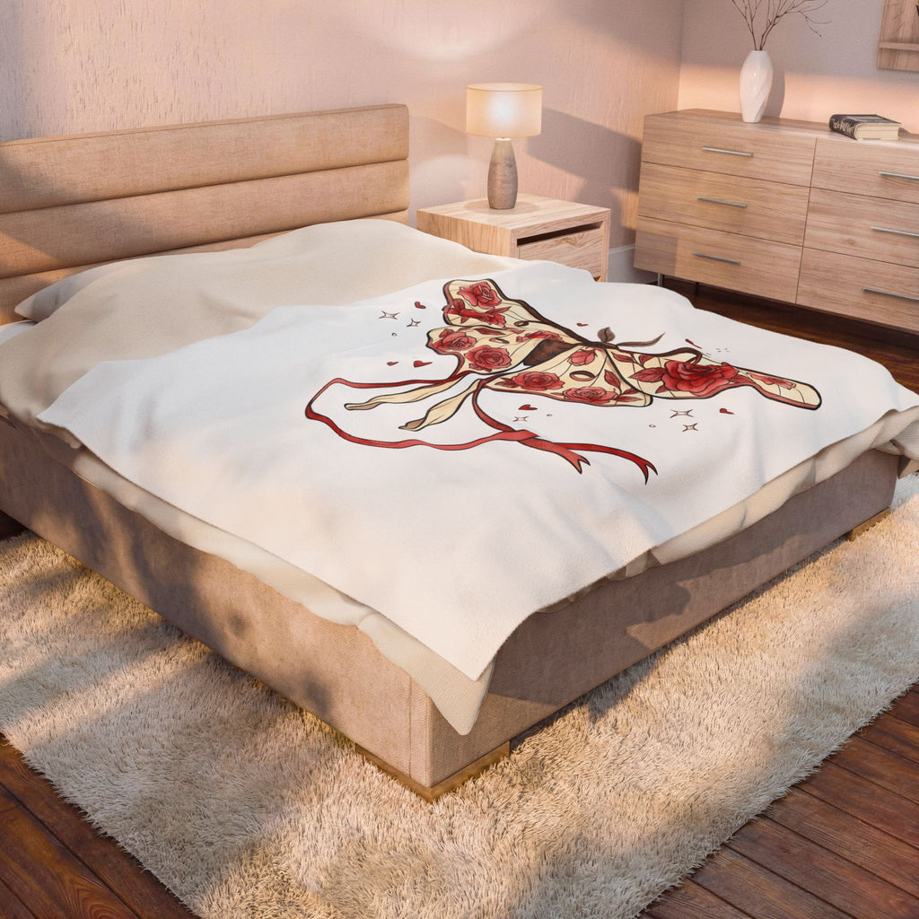 Moth Rose Blanket St. Valentine's Day Floral Gift Women Boho Blanket Rose Blanket Valentine Fan Bohemian Blanket Floral Graphic Tattoo Ribbon
