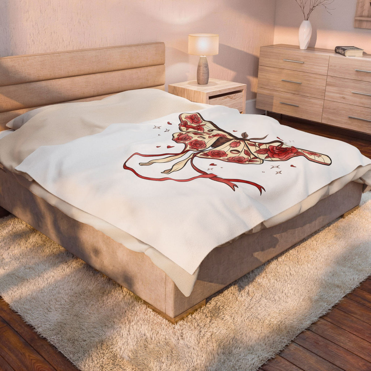 Moth Rose Blanket St. Valentine's Day Floral Gift Women Boho Blanket Rose Blanket Valentine Fan Bohemian Blanket Floral Graphic Tattoo Ribbon