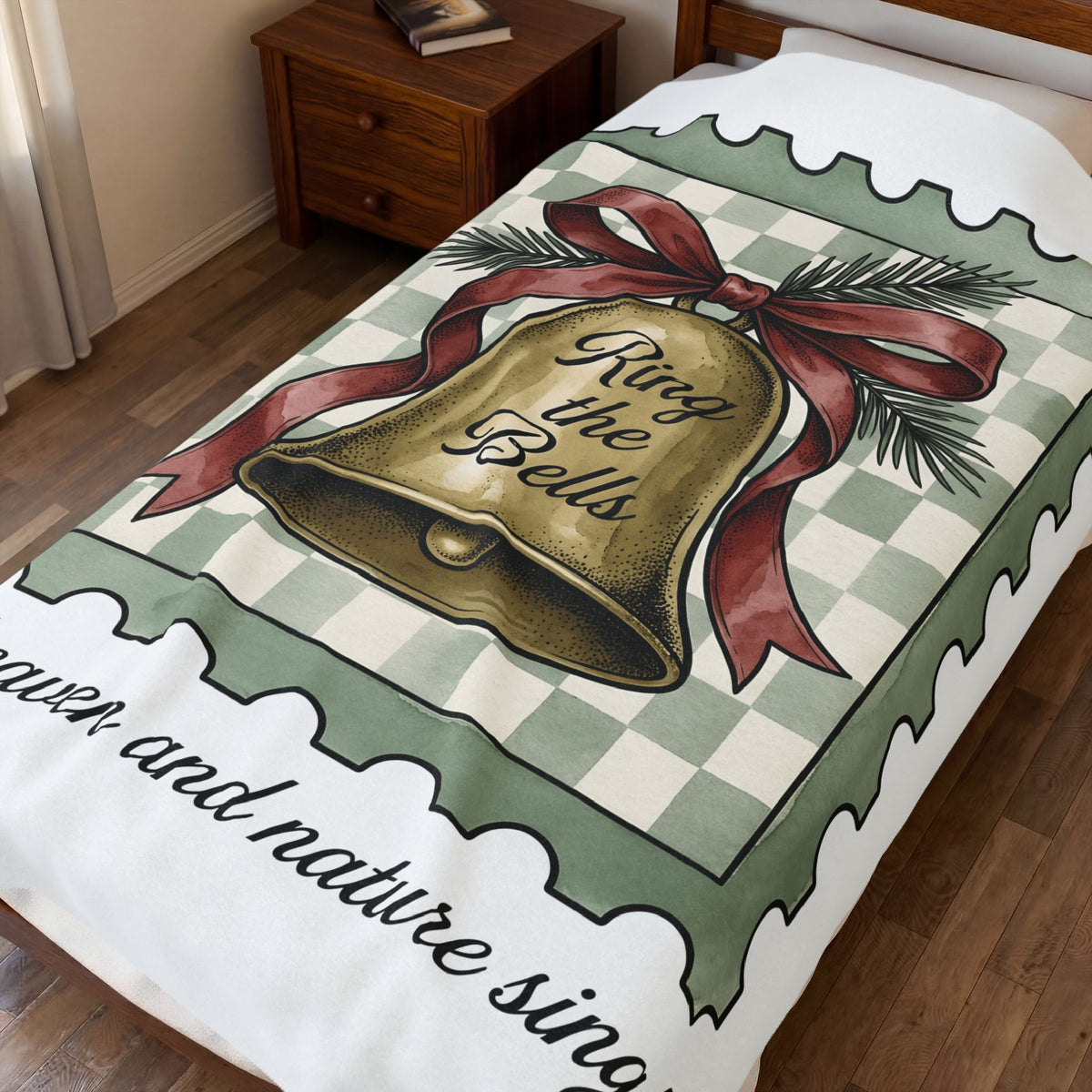 Festive Bell Blanket Christmas Seasonal Gift Women Retro Blanket Jingle Bell Blanket Christmas Fan Vintage Blanket Holiday Graphic Rustic Fir Twig