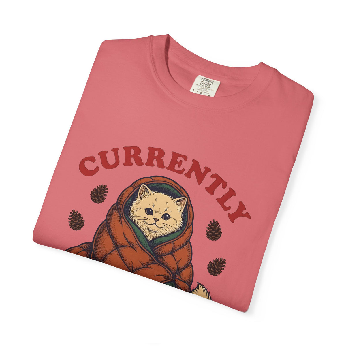 Warm Cat T-Shirt Cat Backpacking Gift Women Farmhouse T-Shirt Kitty T-Shirt Feline Fan Rustic T-Shirt Hiking Graphic Line Art Conifer Cones T-Shirt