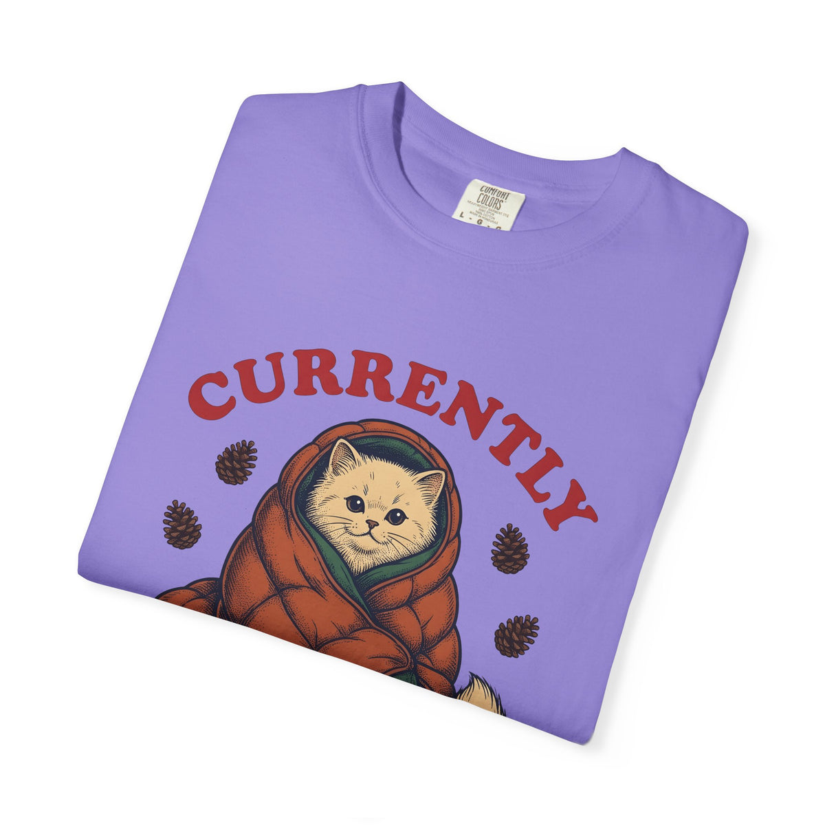 Warm Cat T-Shirt Cat Backpacking Gift Women Farmhouse T-Shirt Kitty T-Shirt Feline Fan Rustic T-Shirt Hiking Graphic Line Art Conifer Cones T-Shirt