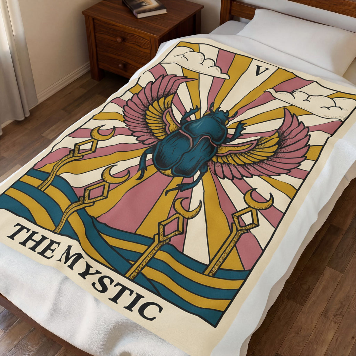 Beetle Blanket Boho Chic Esoteric Gift Women Divination Card Blanket Bug Blanket Bohemian Fan Tarot Blanket Mystical Graphic Hand Drawn Crescent