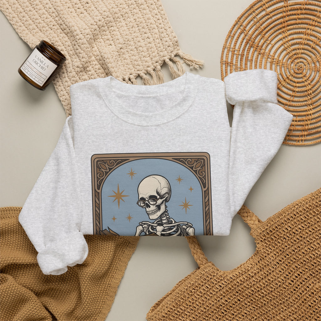 Skeleton Reading Book Sweatshirt Gothic Academic Gift Women Vintage Sweatshirt Skeleton Sweatshirt Dark Fan Retro Sweatshirt Scholar Graphic Tarot Coffee Cup