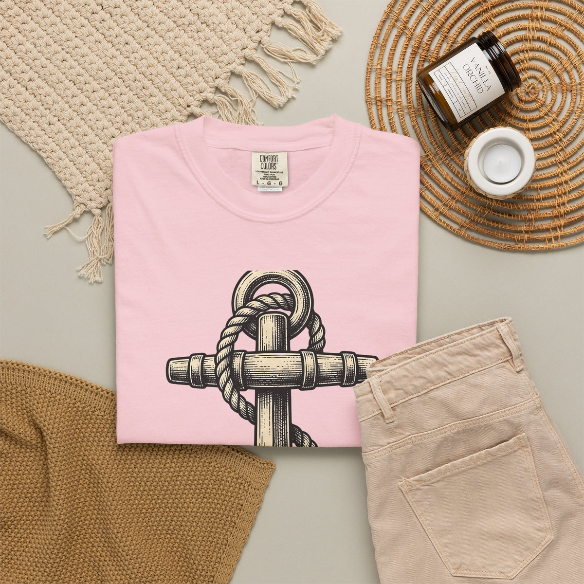 Anchor Line Nautical Beach Gift Old School Rope Sailor Fan Mooring Outline Seaside T-Shirt