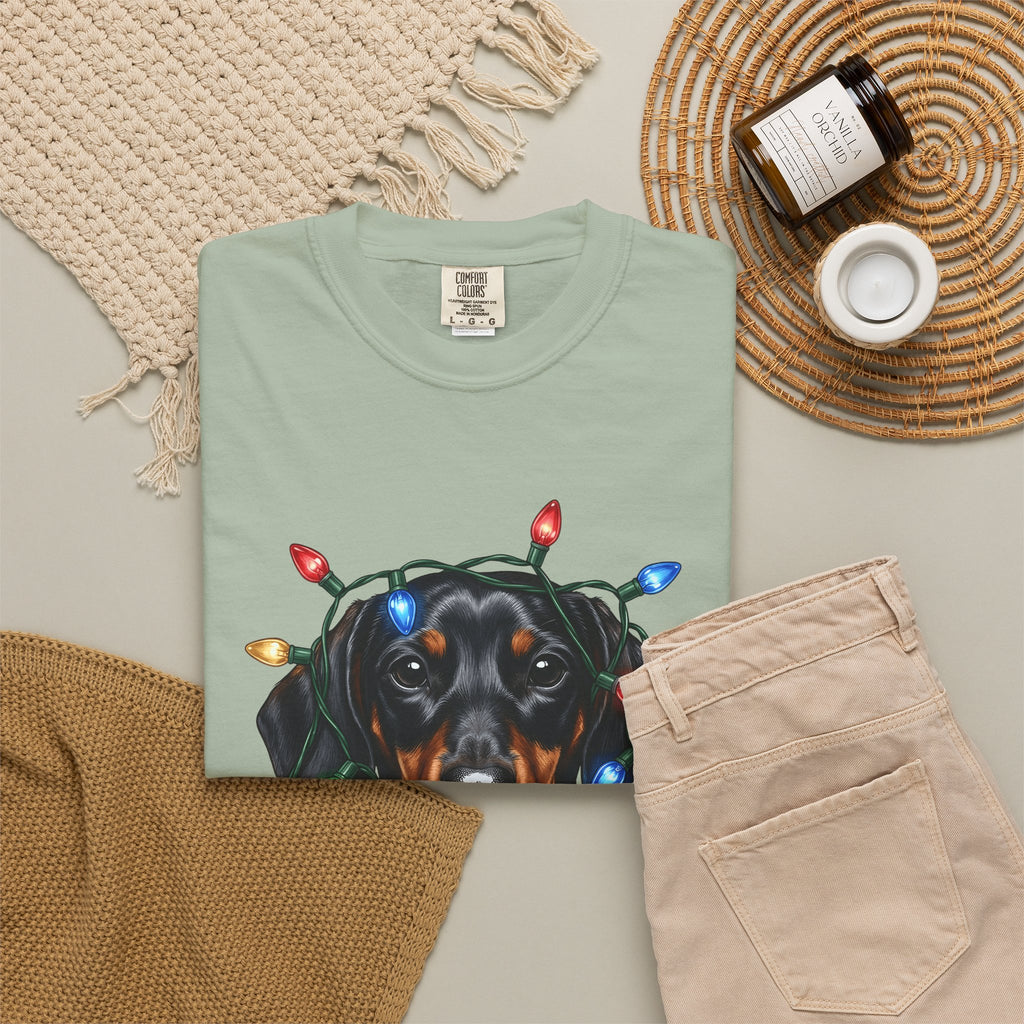 Dachshund Dog T-Shirt Dog Holiday Gift Women Realistic T-Shirt Wiener Dog T-Shirt Dog Fan Photorealistic T-Shirt Christmas Graphic Hand Drawn