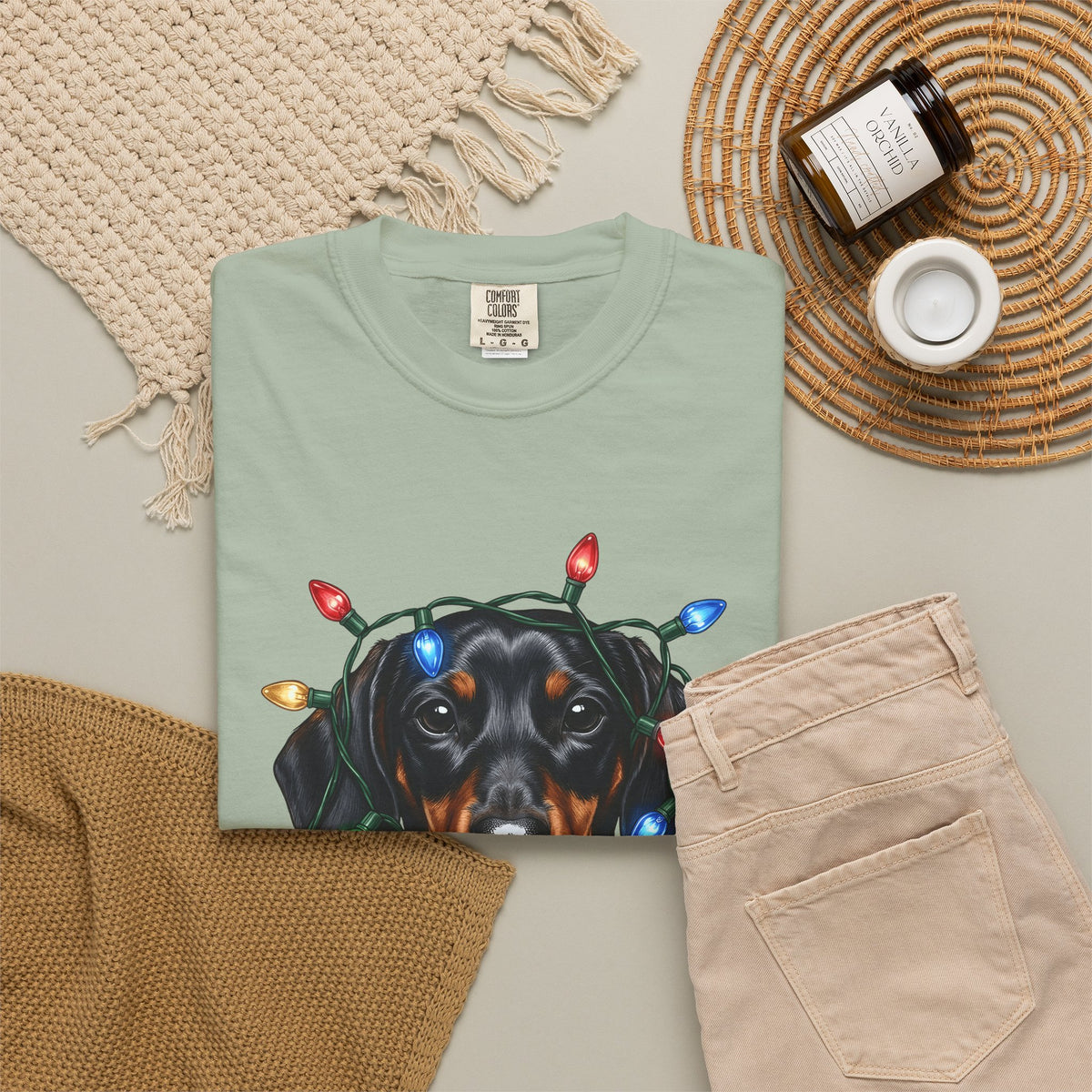 Dachshund Dog T-Shirt Dog Holiday Gift Women Realistic T-Shirt Wiener Dog T-Shirt Dog Fan Photorealistic T-Shirt Christmas Graphic Hand Drawn