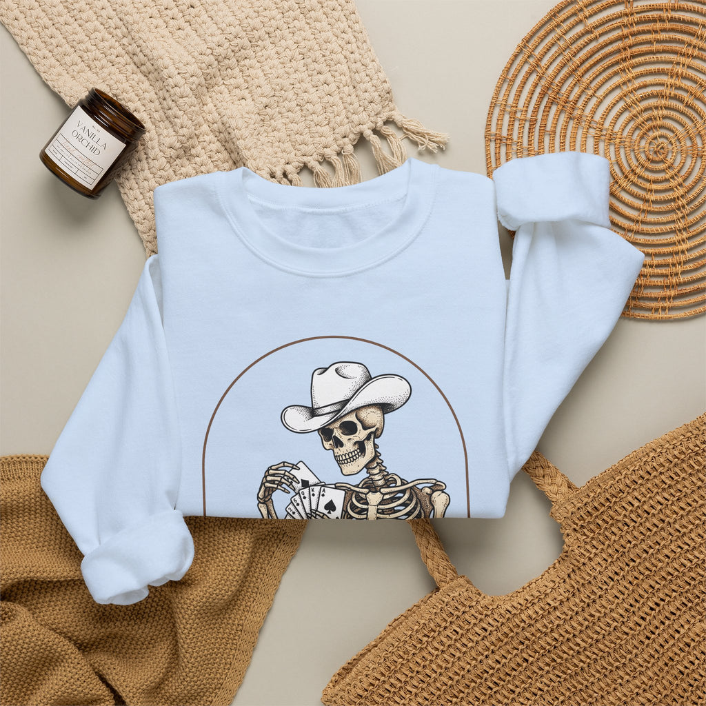 Skeleton Rancher Sweatshirt Halloween Cowboy Gear Gift Women Shabby Chic Sweatshirt Skeleton Sweatshirt Horror Fan Distressed Graphic Sweatshirt Doodle Card