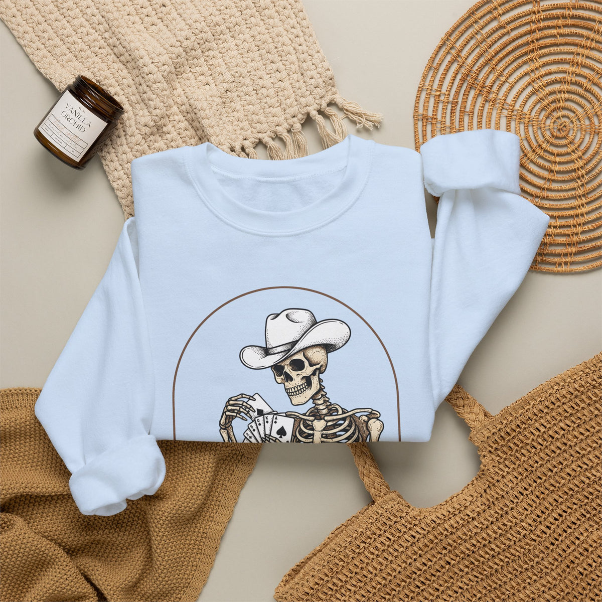 Skeleton Rancher Sweatshirt Halloween Cowboy Gear Gift Women Shabby Chic Sweatshirt Skeleton Sweatshirt Horror Fan Distressed Graphic Sweatshirt Doodle Card