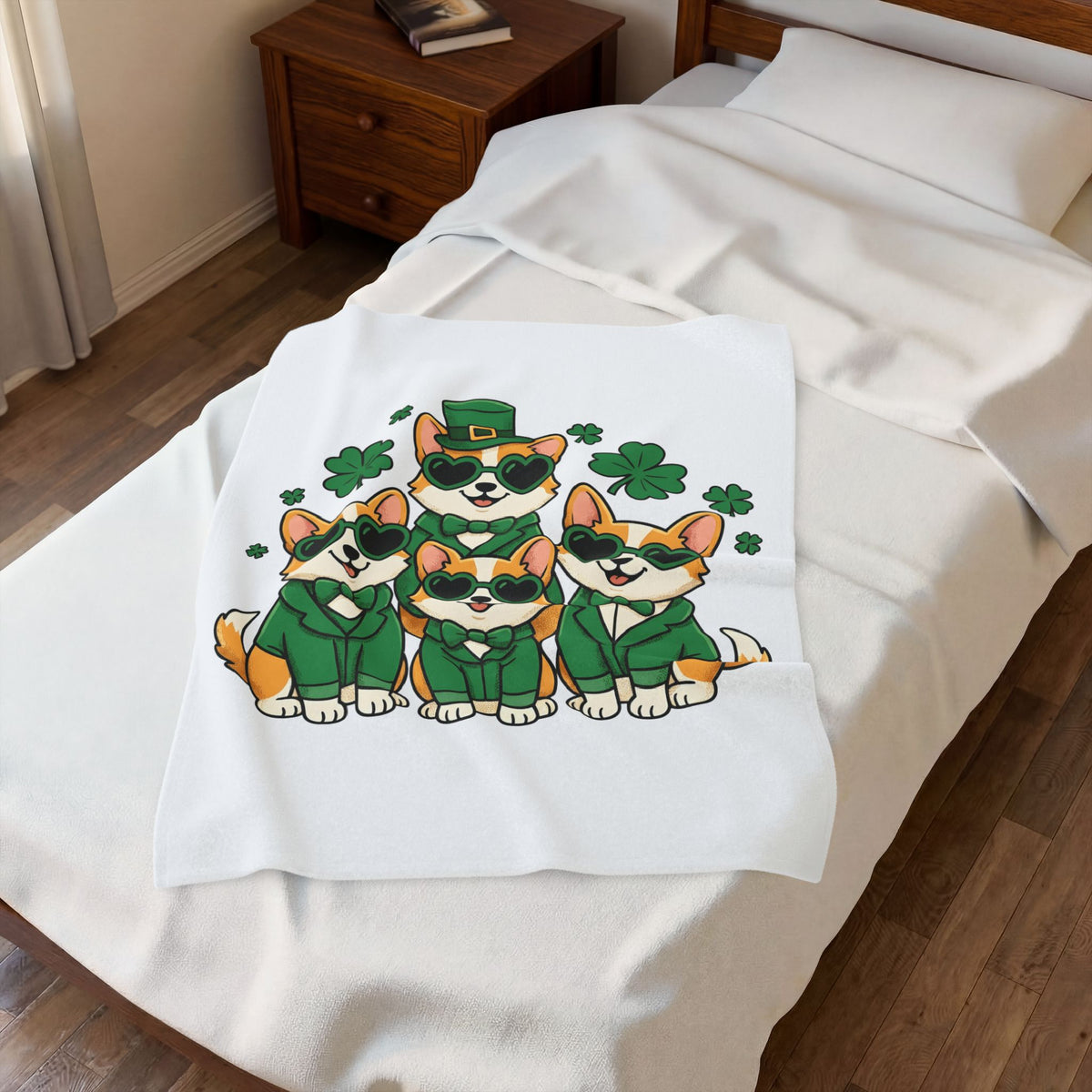 Corgi Puppies Blanket St Patrick's Day Pet Owner Gift Women Comic Blanket Puppy Blanket Shamrock Fan Cartoon Blanket Dog Mom Graphic Chibi Clover