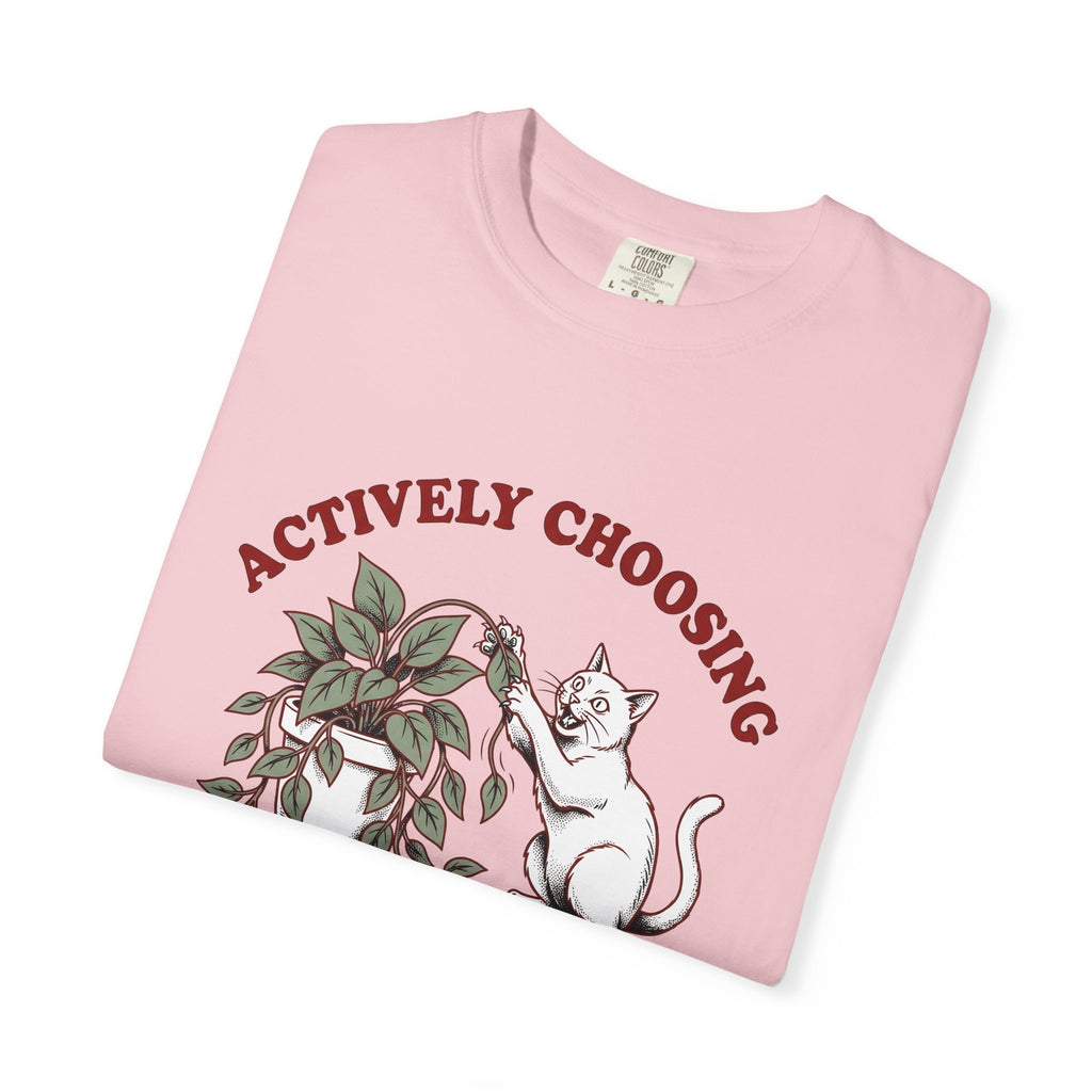 Feline Foliage T-Shirt Cat Comedy Gift Women Classic T-Shirt Cat Foliage T-Shirt Cat Fan Vintage T-Shirt Humor Graphic Ink Drawing Potted Plant
