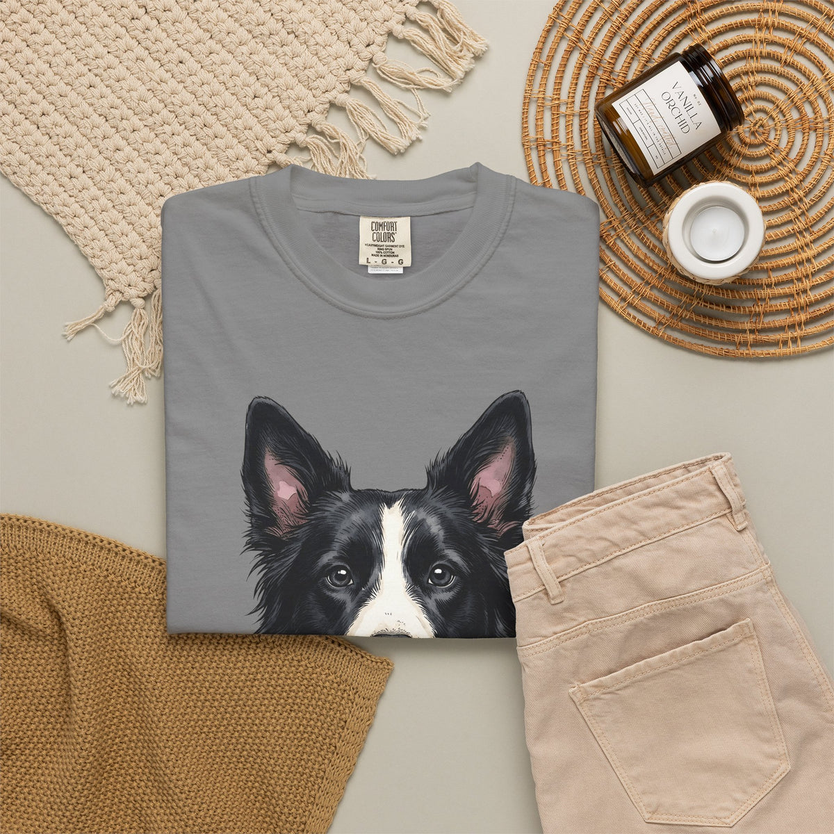 Border Collie Puppy T-Shirt Dog Pets Gift Women Line Art T-Shirt Puppy T-Shirt Dog Fan Collie T-Shirt Animal Graphic Hand Drawn Woven Collar T-Shirt