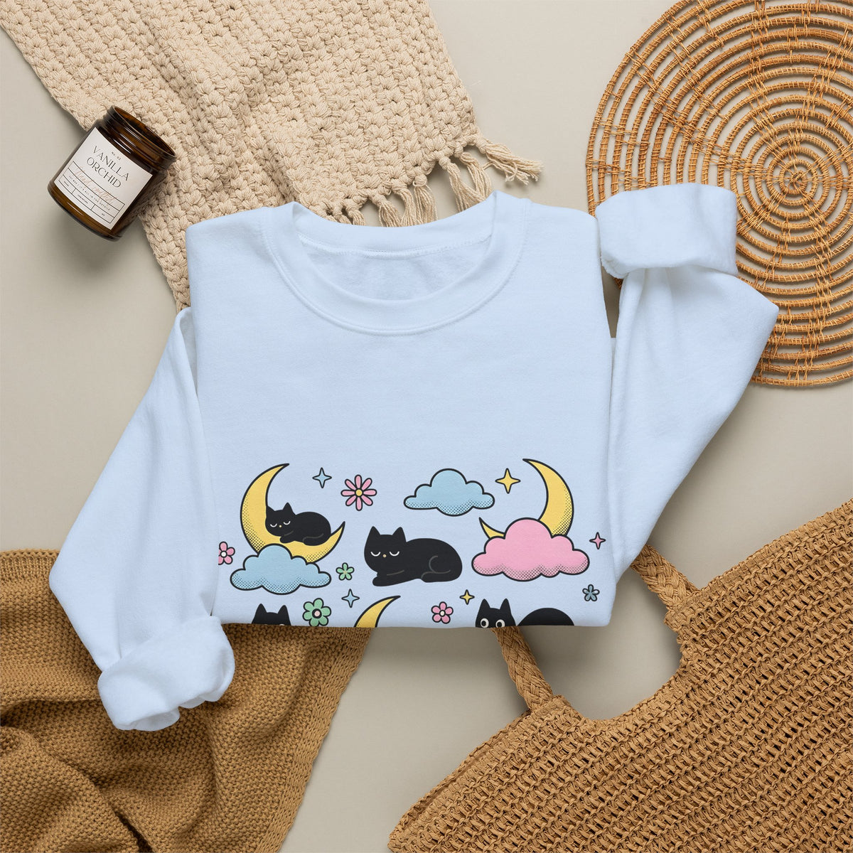 Black Cats Sweatshirt Cat Celestial Gift Women Kawaii Sweatshirt Kitties Sweatshirt Cat Fan Astrology Graphic Sweatshirt Pastel Crescent Moon Sweatshirt
