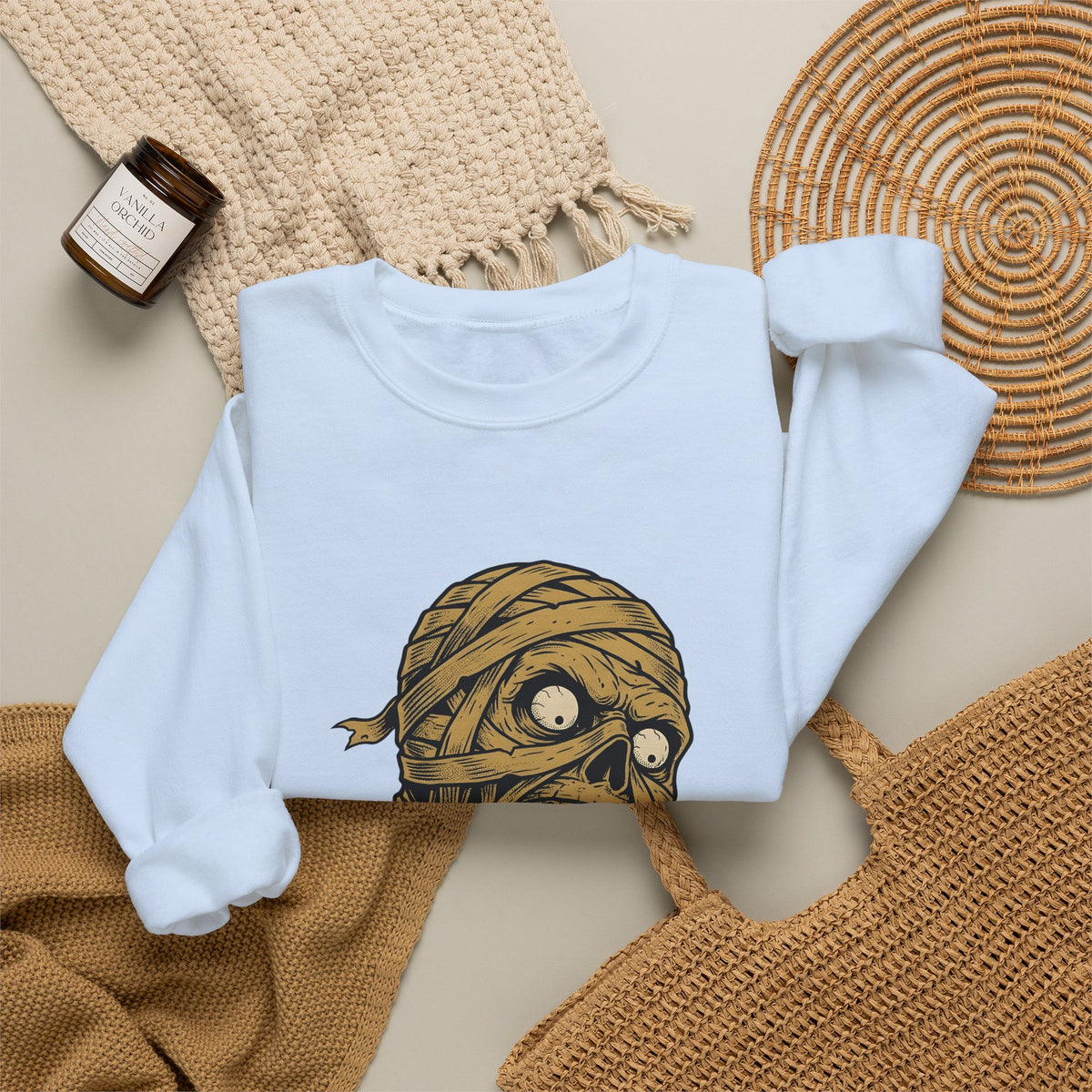 Mummy Skull Sweatshirt Halloween Ghost Gift Women Creepy Sweatshirt Skull Sweatshirt Horror Fan Spooky Sweatshirt Specter Graphic Classic Scarab Sweatshirt