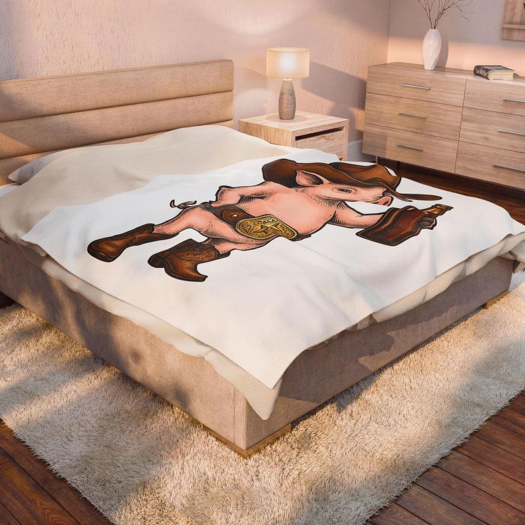 Western Pig Cowgirl Country Gift Cartoon Swine Rodeo Fan Rustic Old School Blanket
