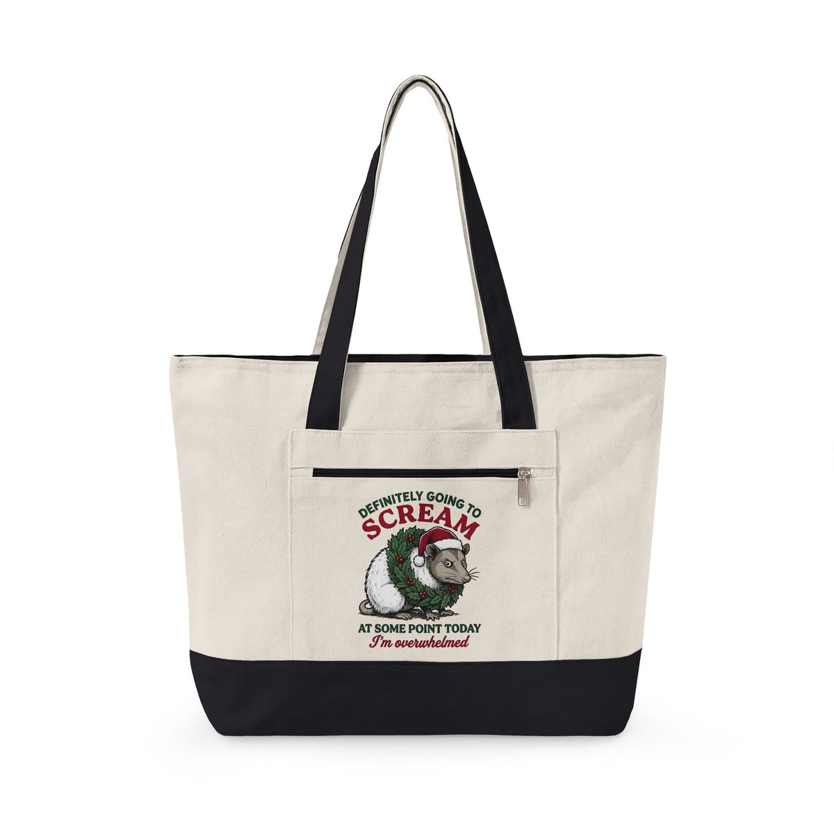 Possum Holiday Hat Tote Bag Funny Critter Gift Women Sketch Tote Bag Opossum Tote Bag Humor Fan Doodle Tote Bag Animal Graphic Line Art Xmas Wreath