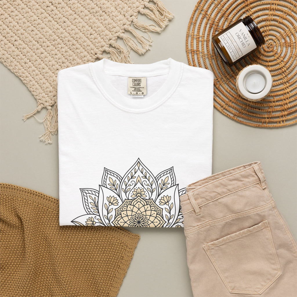 Mandala Bloom T-Shirt Boho Chic Mindfulness Gift Women Folk T-Shirt Flower T-Shirt Bohemian Enthusiast Tribal T-Shirt Meditation Graphic Clean