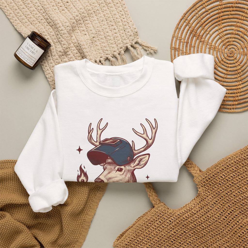 Horned Deer Welding Face Shield Sweatshirt Funny Nature Gift Women Antique Sweatshirt Welding Mask Sweatshirt Humor Fan Vintage Sweatshirt Wildlife Graphic