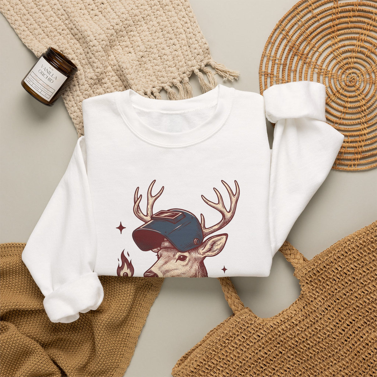 Horned Deer Welding Face Shield Sweatshirt Funny Nature Gift Women Antique Sweatshirt Welding Mask Sweatshirt Humor Fan Vintage Sweatshirt Wildlife Graphic